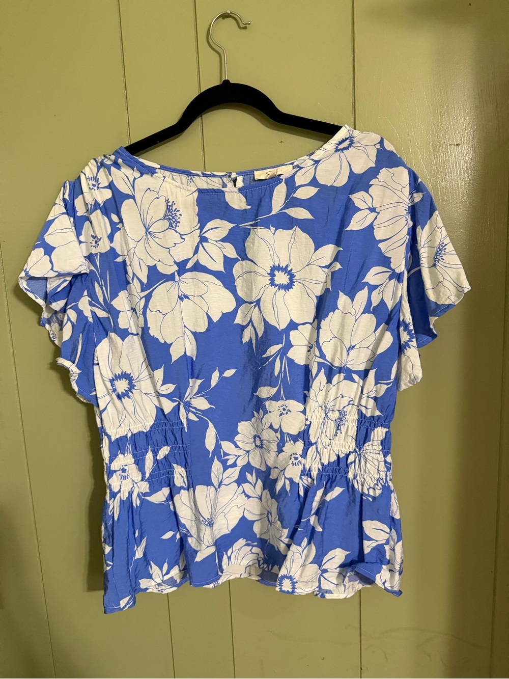easel Blue and White Floral Peplum Blouse
